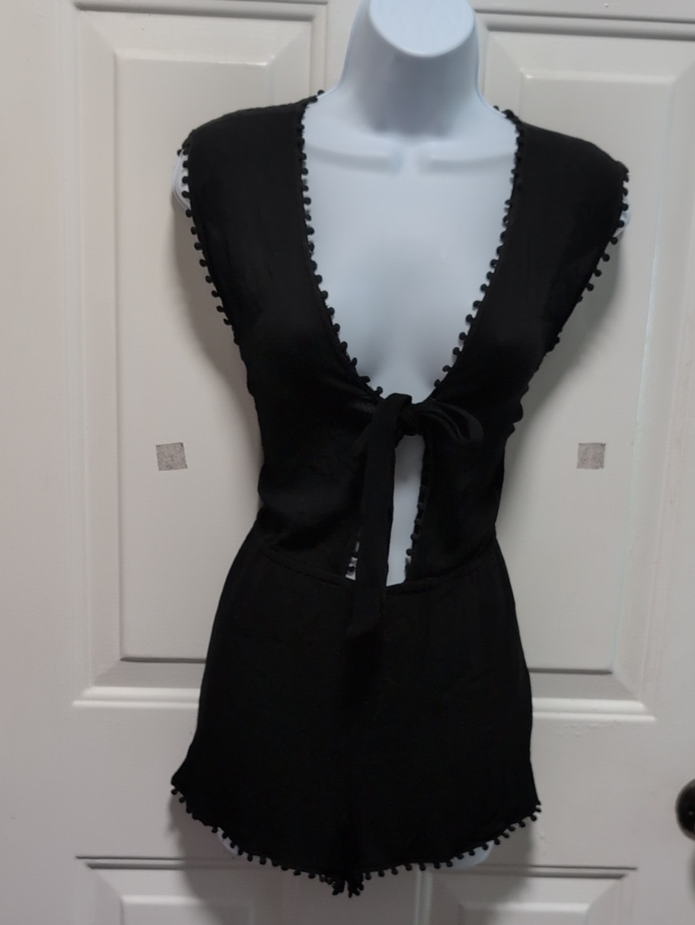 Forever 21 Black Tie-Front Pom-Trim Romper